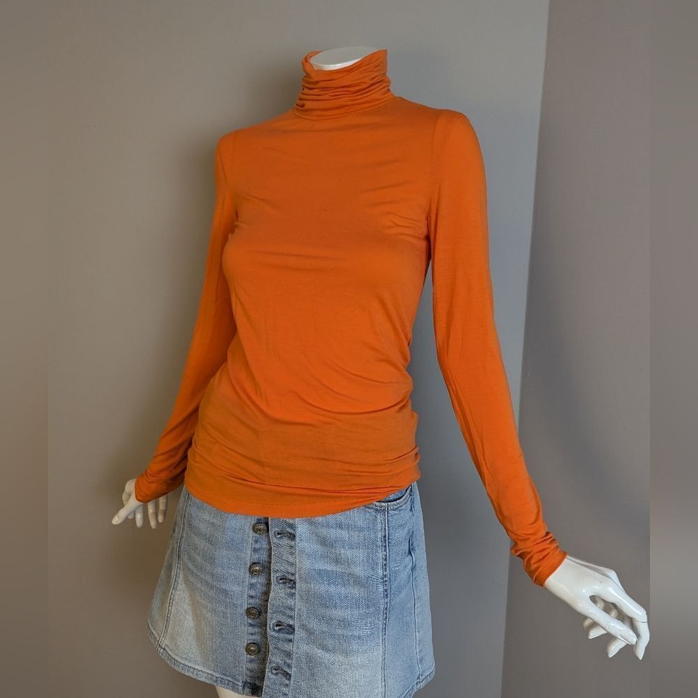 Massimo Dutti Orange Turtleneck Top XS Soft Stretch Lyocell Long Sleeve Fall Bas